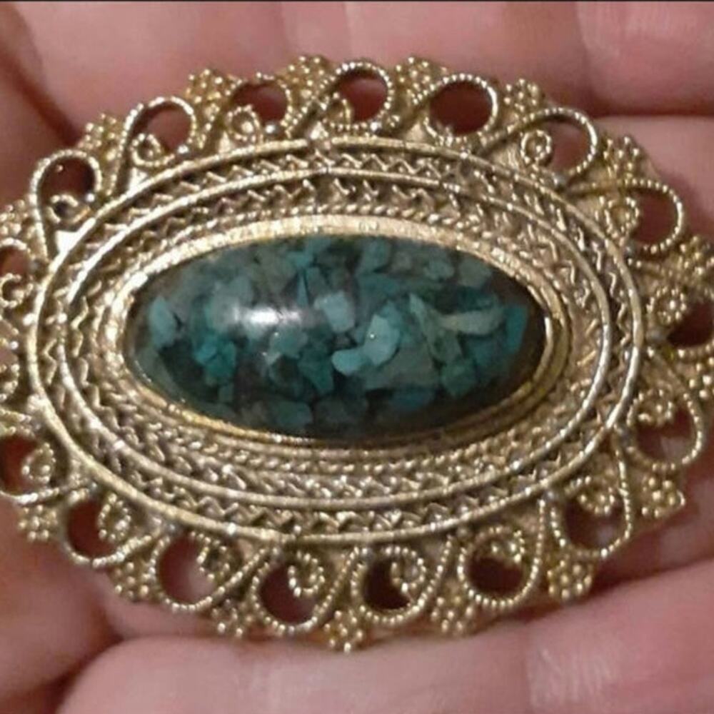 Vtg Israeli Israel Gold Washed Silver Eilat Chip Cabochon Pin Brooch - Picture 2 of 3